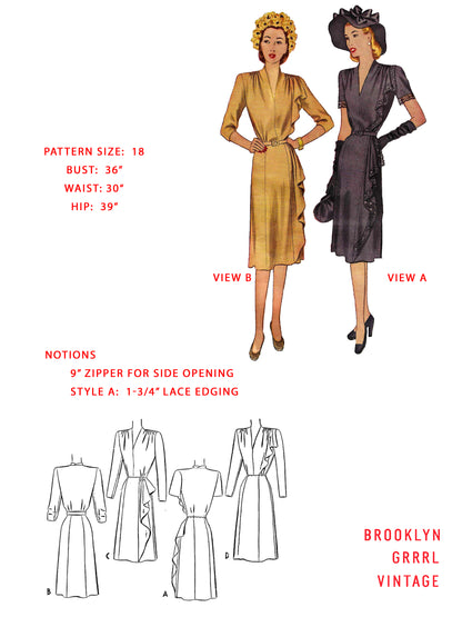 PAPER Pattern - 1940s The Mildred Pierce Dress with Side Drape  / Bust 36