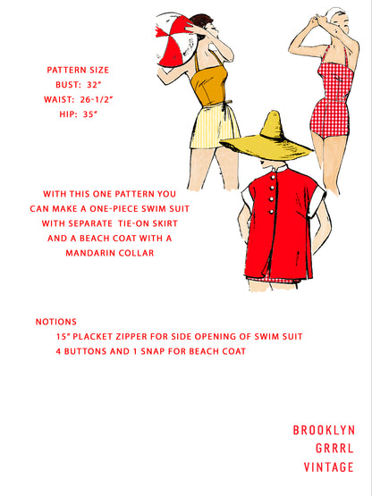 1950's Swim Suit Ensemble / Bust 32 / PAPER Pattern