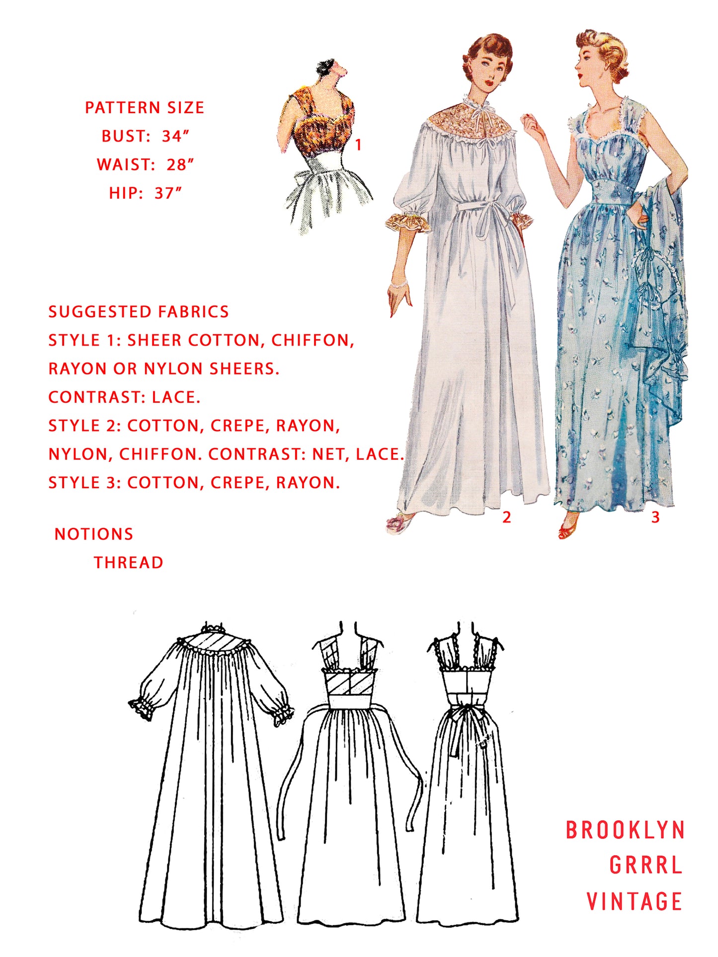 PAPER Pattern  1950's Nightgown and Negligee / Bust 34