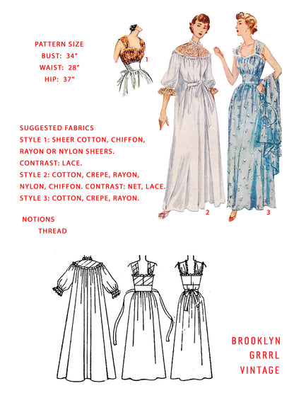 PAPER Pattern  1950's Nightgown and Negligee / Bust 34