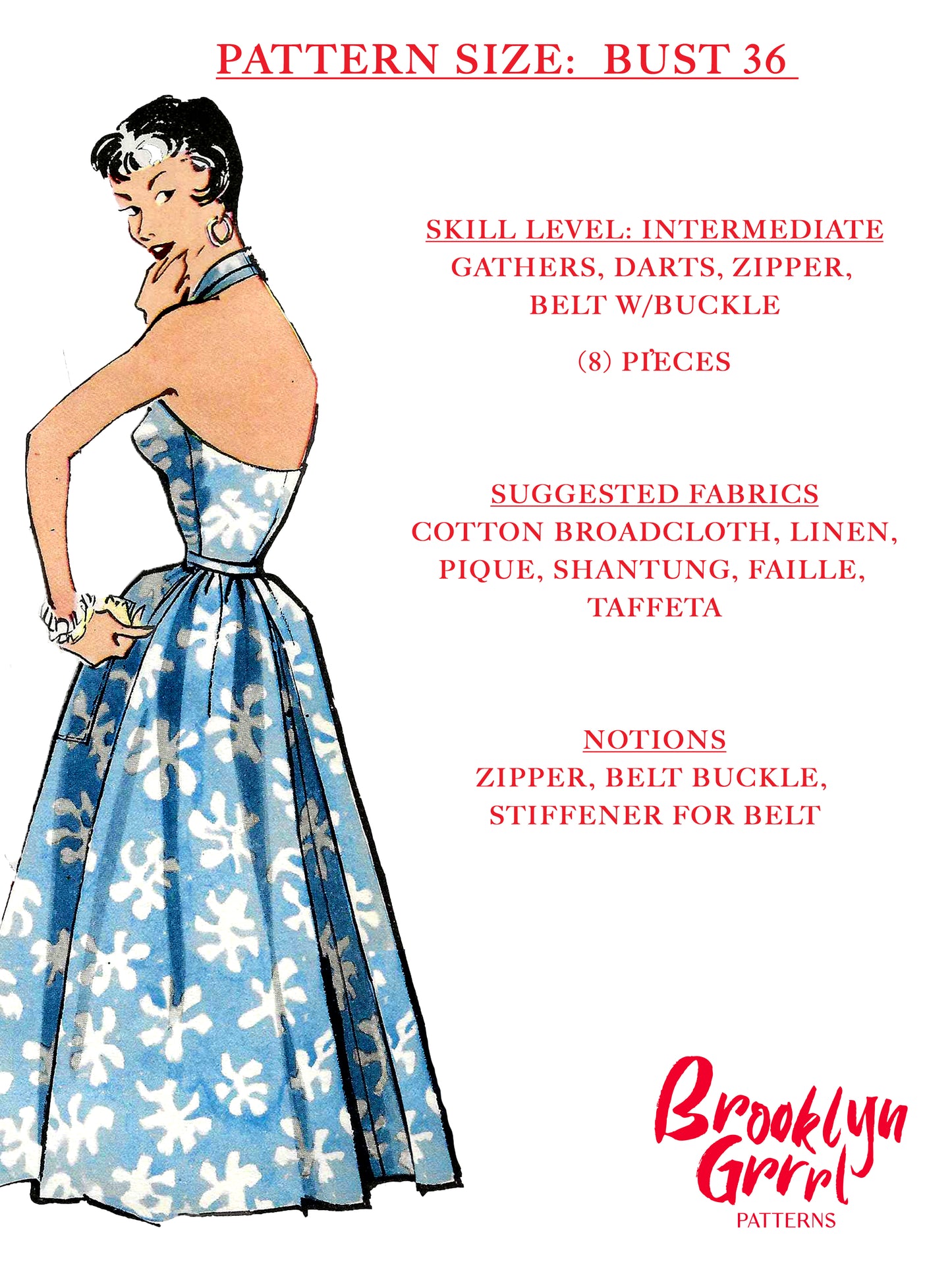 1950s Halter Dress with Pockets / Digital Pattern / Bust 36