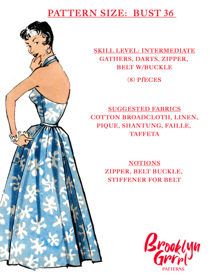 1950s Halter Dress with Pockets / Digital Pattern / Bust 36
