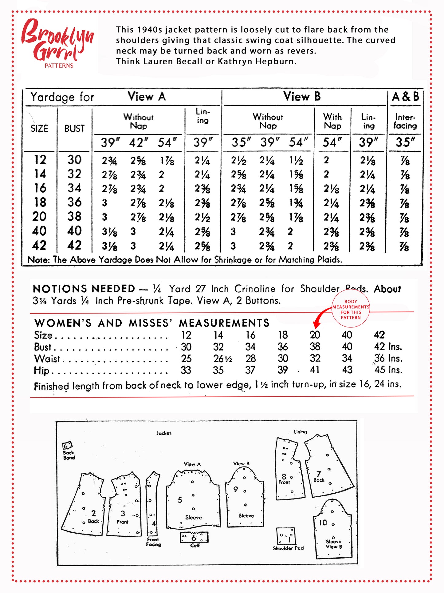 PDF Pattern - 1940s Swing Jacket / Bust 38