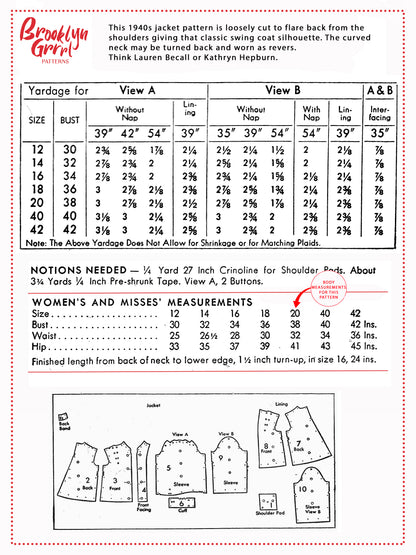 PDF Pattern - 1940s Swing Jacket / Bust 38