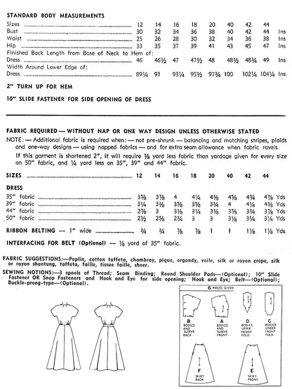 PDF Pattern - 1950s Kimono Sleeve Dress  / Bust 40