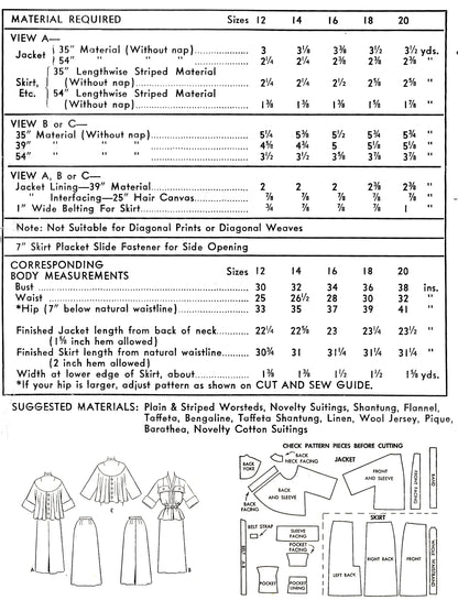PAPER Pattern - 1950s Two Piece Suit  / Bust 34