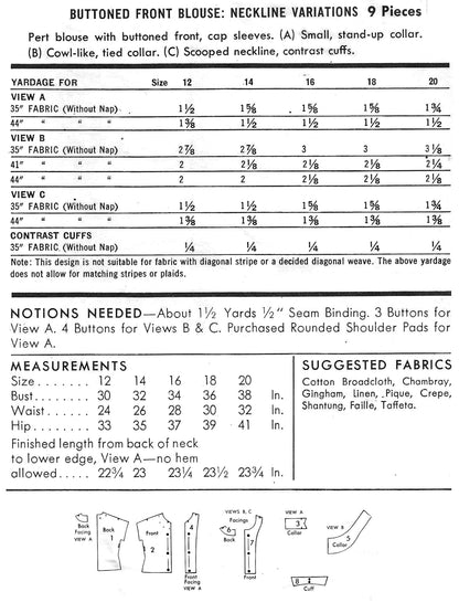 PDF Pattern - 1950s Button Front Blouse / Bust 38