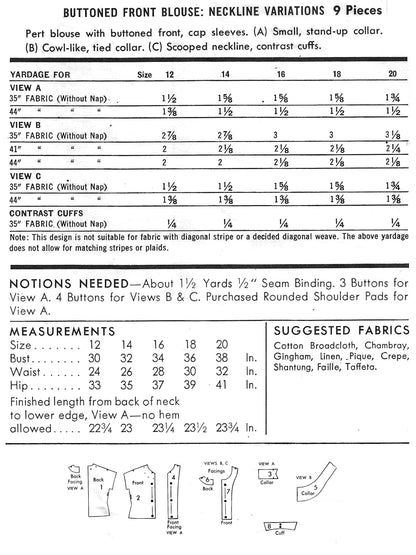 PAPER Pattern - 1950s Button Front Blouse / Bust 38