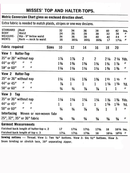 PAPER Pattern - 1970s Halter Top in Three Styles / Multiple Sizes