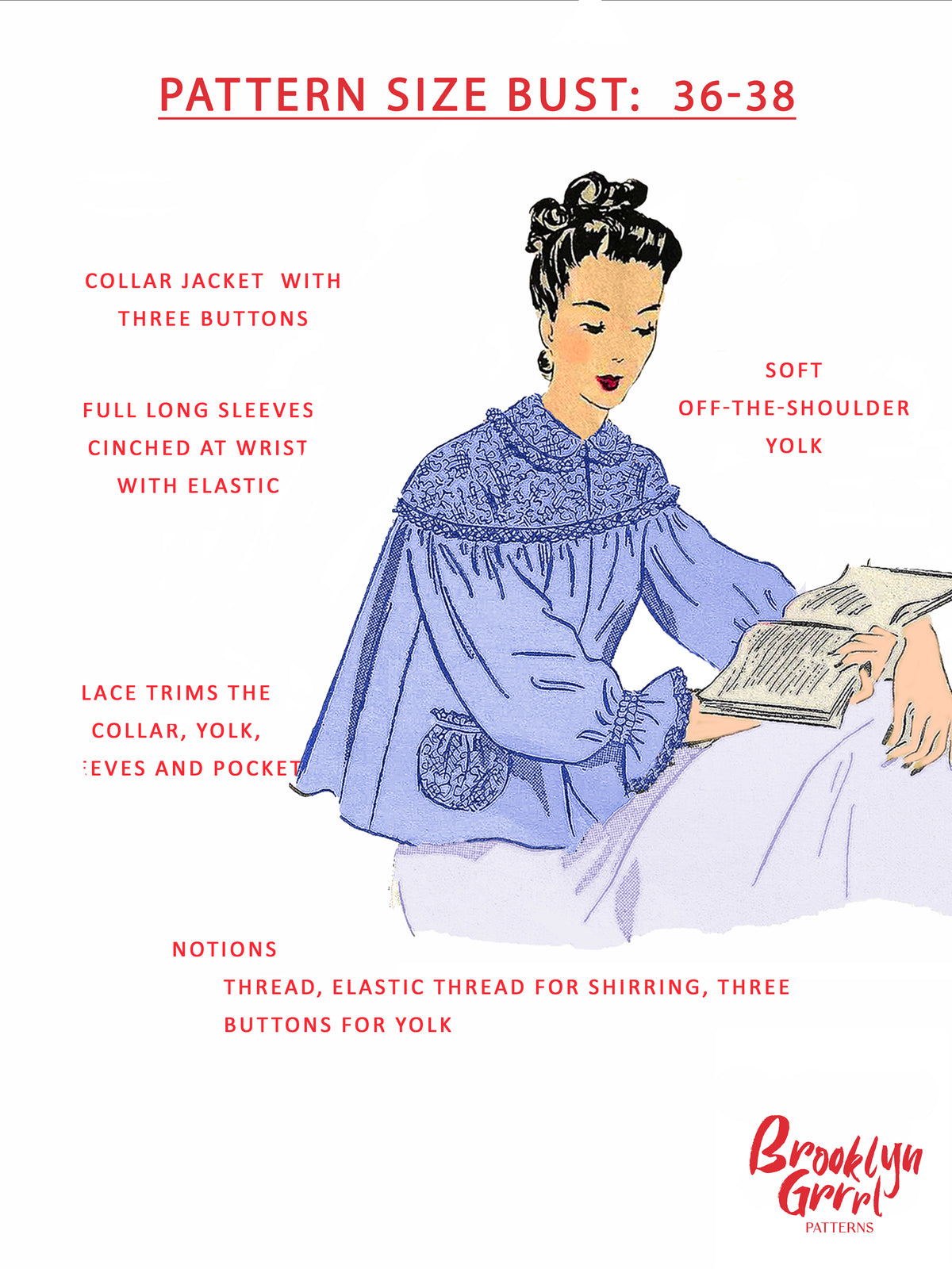 PDF Pattern  1940s Bed Jacket / Bust 36-38