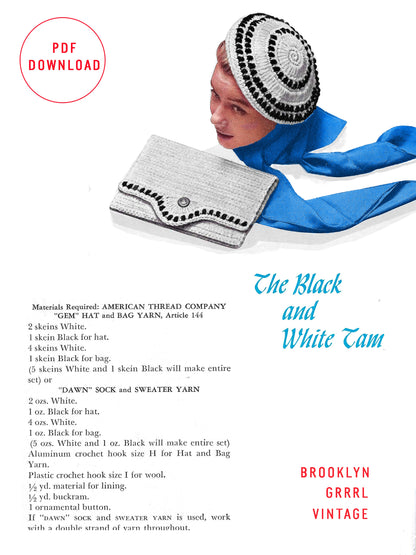 1950s Black & White Tam & Bag  - Crochet PDF Pattern