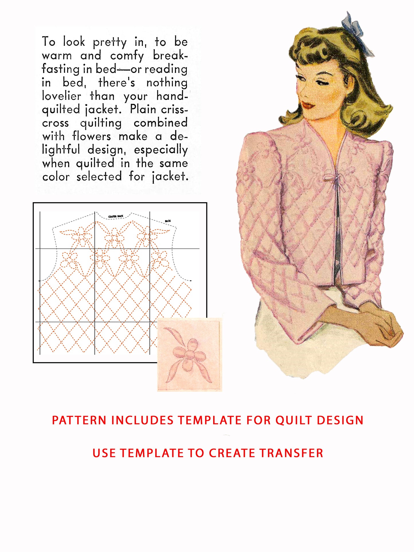 PDF Pattern 1940s Quilted Bed Jacket / Bust 34-36