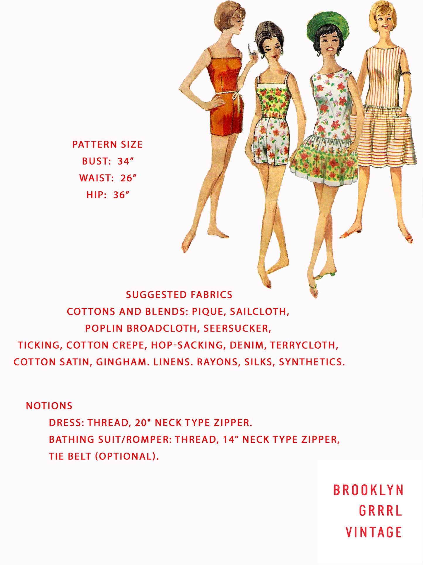 PAPER Pattern - 1960s Bathing Romper & Beach Dress / Bust 34