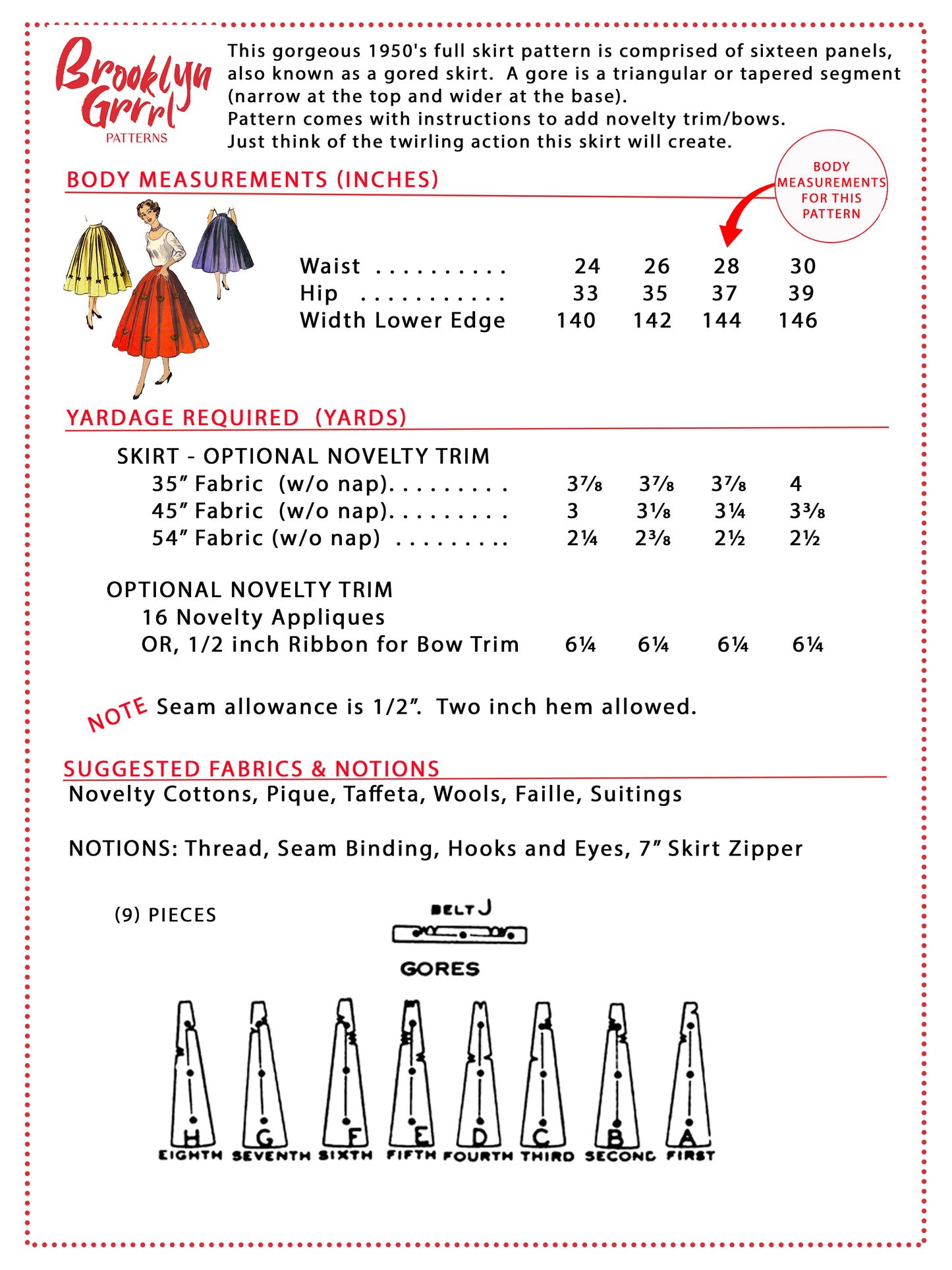 PDF Pattern - 1950's Sixteen Panel Skirt / Waist 28"