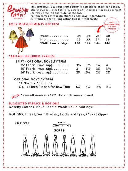 PDF Pattern - 1950's Sixteen Panel Skirt / Waist 28"