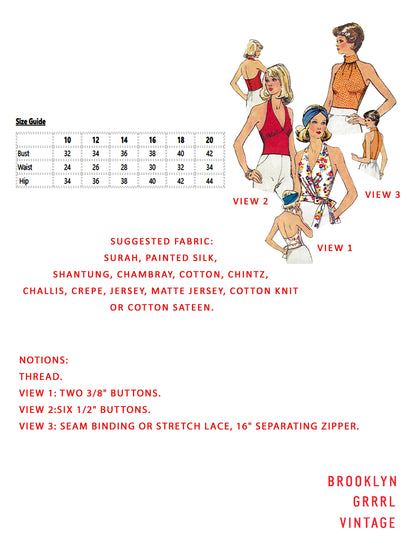 PAPER Pattern - 1970s Halter Top in Three Styles / Multiple Sizes