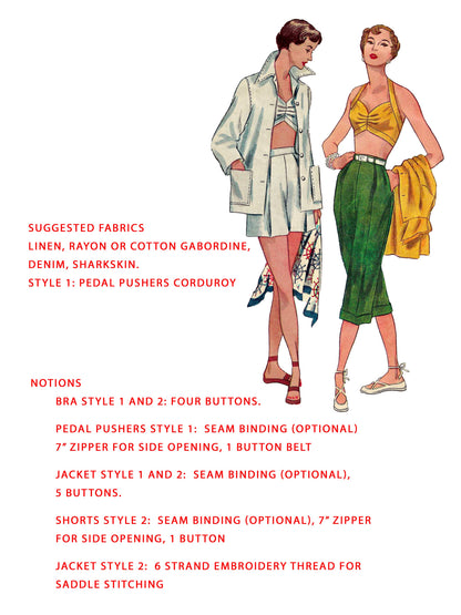 PDF Pattern - 1950s Jacket, Bra, Pedal Pushers, Shorts / Bust 34