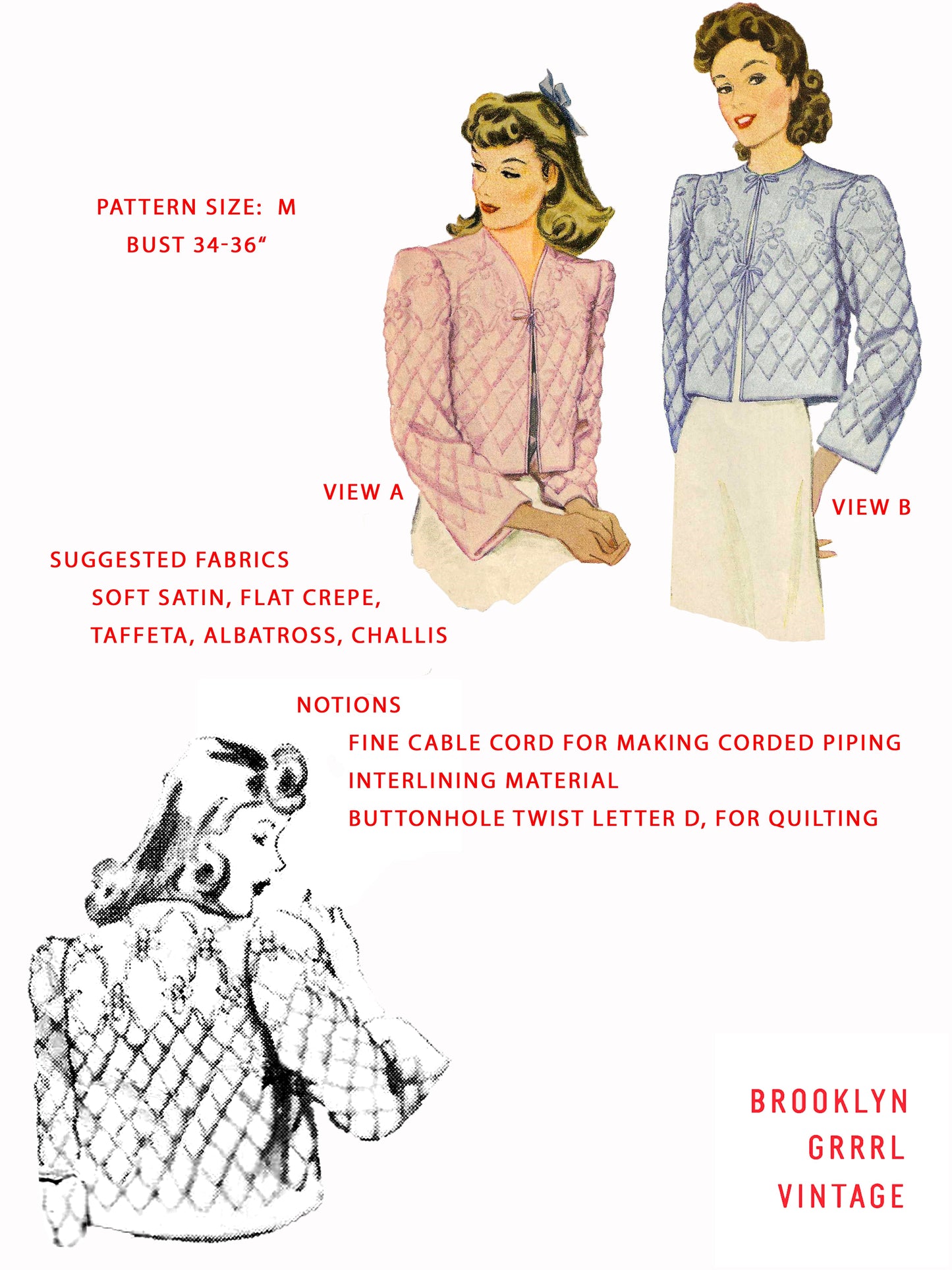 PDF Pattern 1940s Quilted Bed Jacket / Bust 34-36