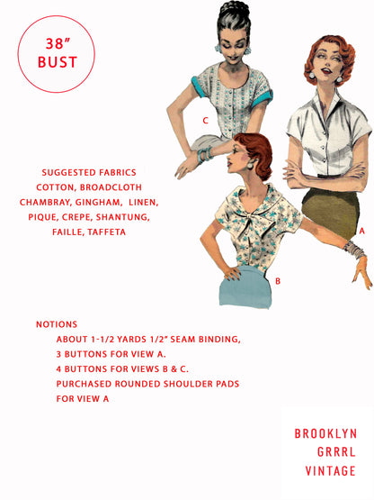 PDF Pattern - 1950s Button Front Blouse / Bust 38