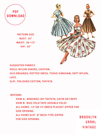 PDF Pattern - 1950s Dress with Double Circle Skirt  / Bust 32