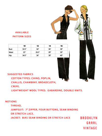 PAPER Pattern  1970's Jumpsuit with Jacket / Multiple Sizes