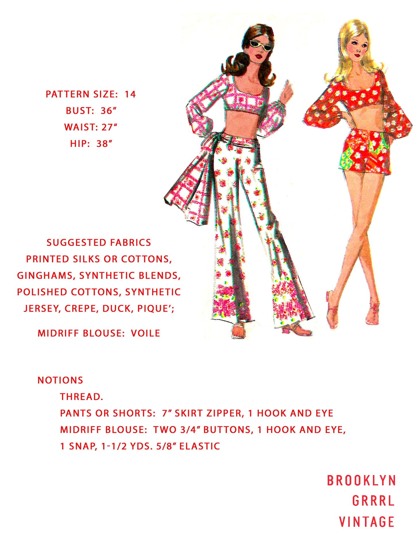 PDF Pattern 1970s Midriff Blouse / Shorts / Wide Leg Pants / Bust 36