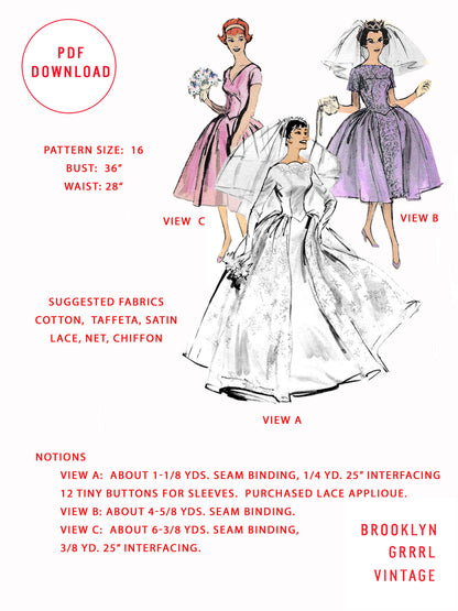 PDF Pattern - 1950s Bridal / Ball Gowns / Bust 36
