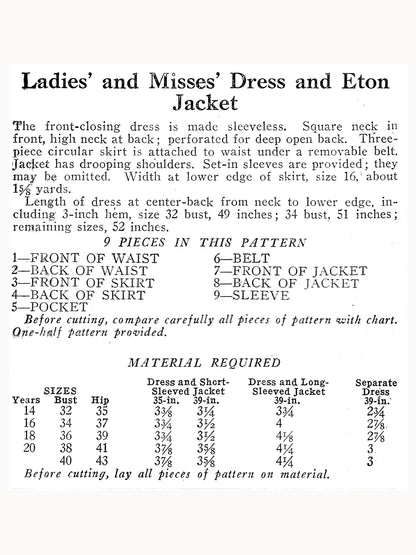 PAPER Pattern 1930s Summer Dress & Jacket / Bust 34