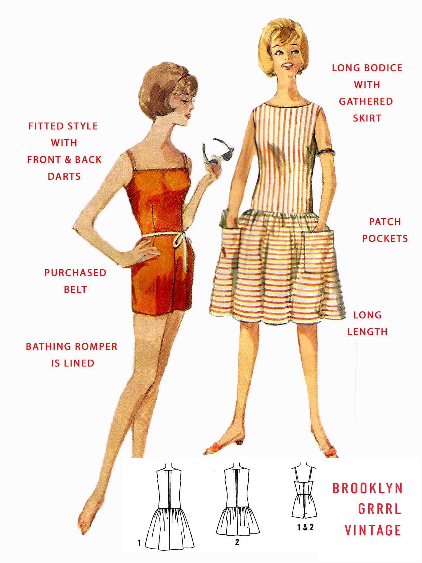 PAPER Pattern - 1960s Bathing Romper & Beach Dress / Bust 34