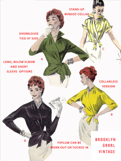 1950s Everyday Elegance Wrap Blouse with Peplum / Bust 38 / PAPER Pattern