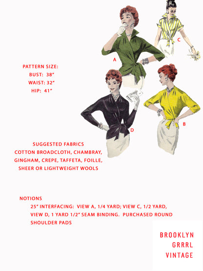 1950s Everyday Elegance Wrap Blouse with Peplum / Bust 38 / PAPER Pattern