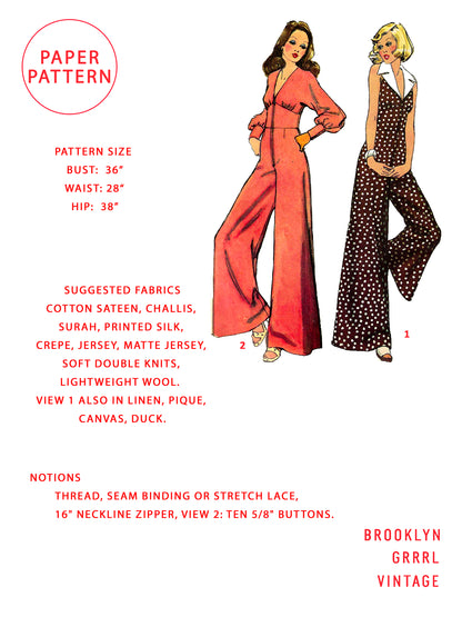 PAPER Pattern - 1970s Jumpsuit with Shaped Midriff / Bust 36
