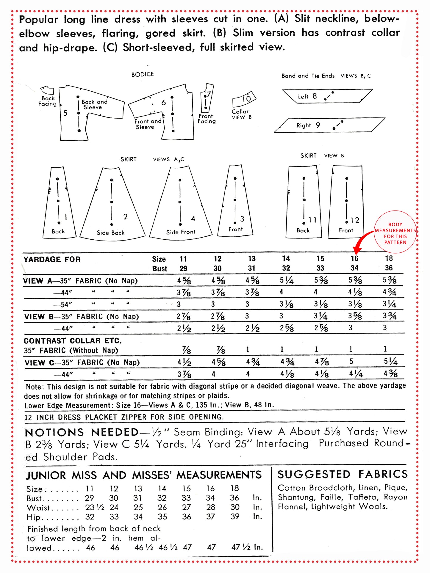 PDF Pattern - 1950s Drop Waist Dress  / Bust 34
