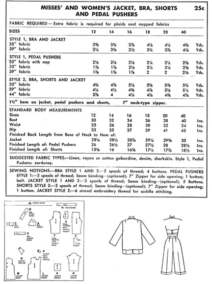 PAPER Pattern  1950s Jacket, Bra, Pedal Pushers, Shorts / Bust 34
