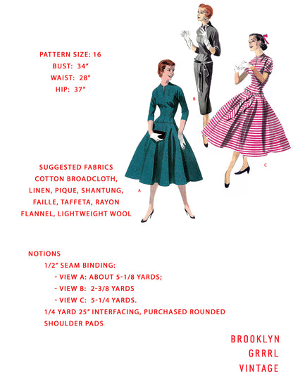 PAPER Pattern - 1950s Drop Waist Dress  / Bust 34