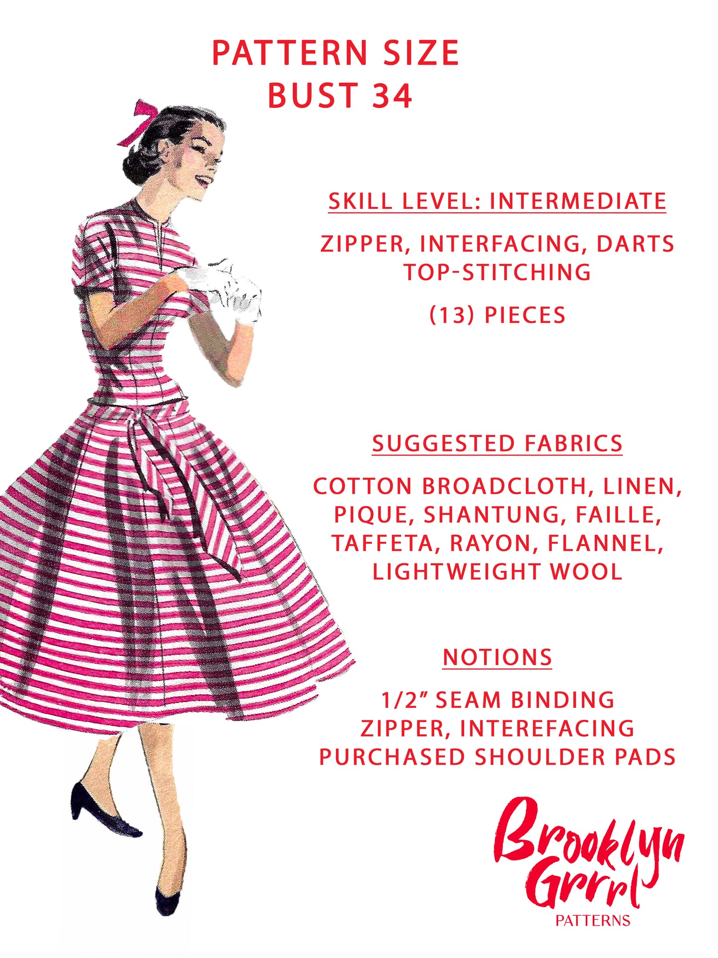 PDF Pattern - 1950s Drop Waist Dress  / Bust 34