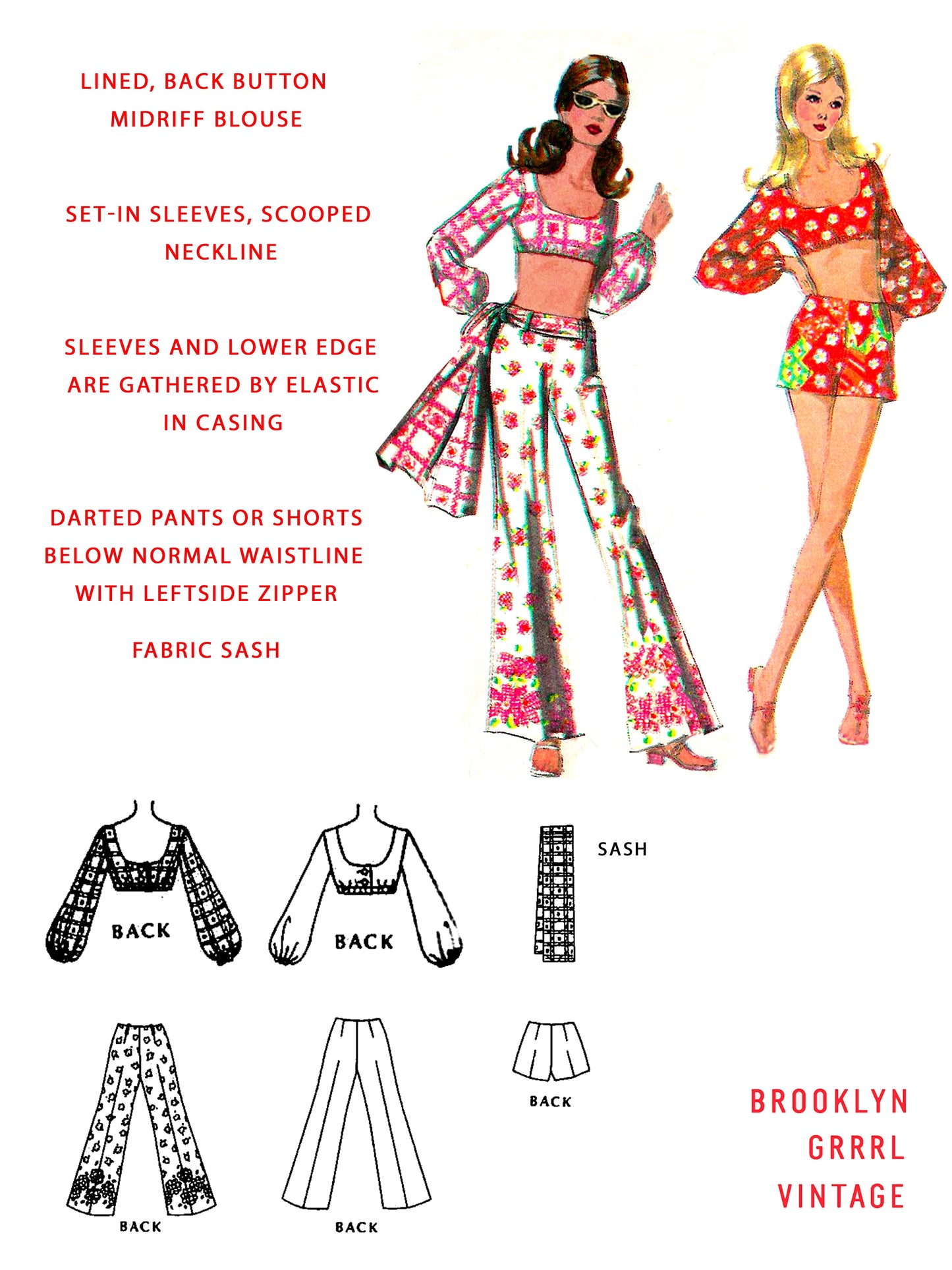 PDF Pattern 1970s Midriff Blouse / Shorts / Wide Leg Pants / Bust 36