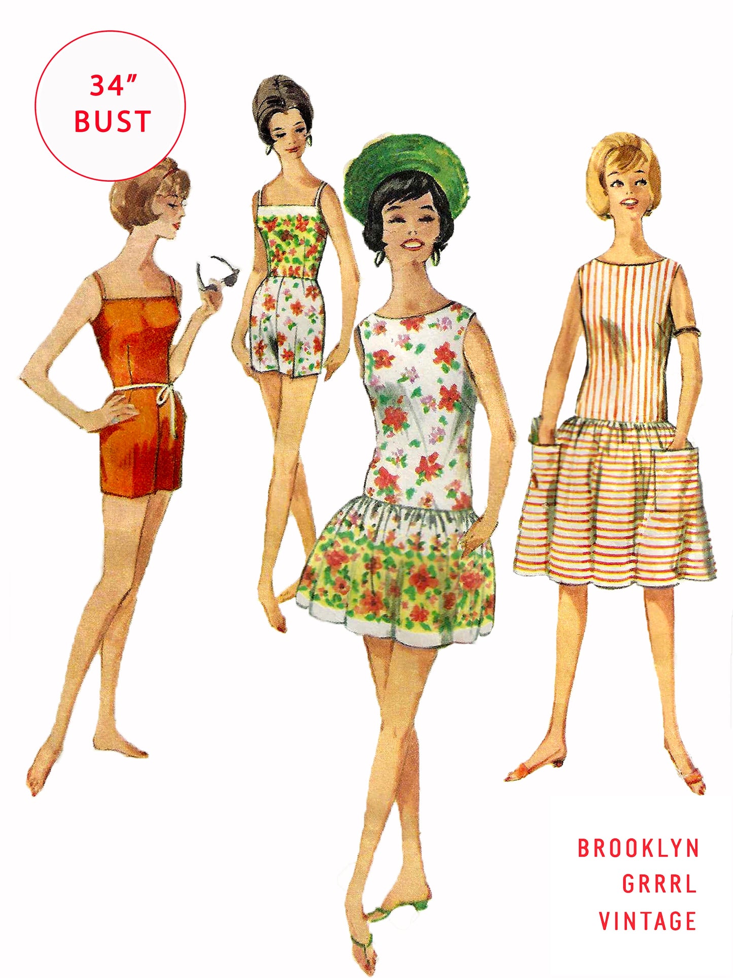 PAPER Pattern - 1960s Bathing Romper & Beach Dress / Bust 34