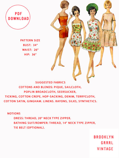 PDF Pattern - 1960s 'Gidget' Beach Romper & Cover-up / Bust 34