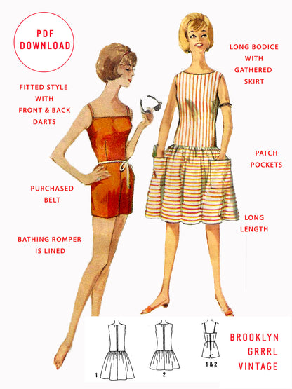 PDF Pattern - 1960s 'Gidget' Beach Romper & Cover-up / Bust 34
