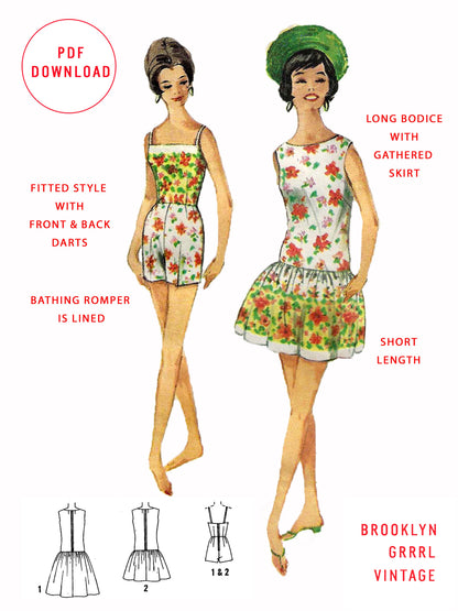 PDF Pattern - 1960s 'Gidget' Beach Romper & Cover-up / Bust 34