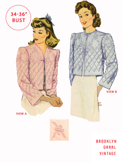 Illustration of two vintage 1940s quilted bed jackets in pink and blue with a view B illustration of the front of a jacket, showcasing the quilted design and a mock neckline.