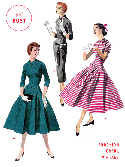 PAPER Pattern - 1950s Drop Waist Dress  / Bust 34