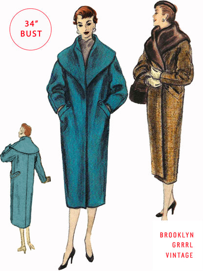 PAPER Pattern - 1950s Coat with Rolled Collar  / Bust 34