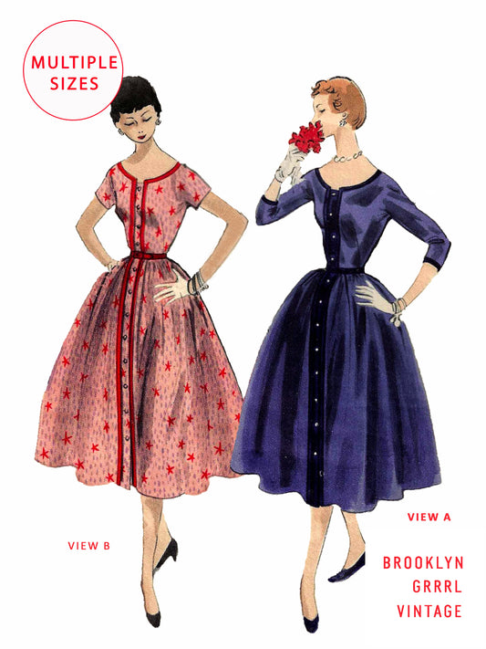 PDF Pattern - 1950s Dress with Low Round Neckline / Multiple Sizes