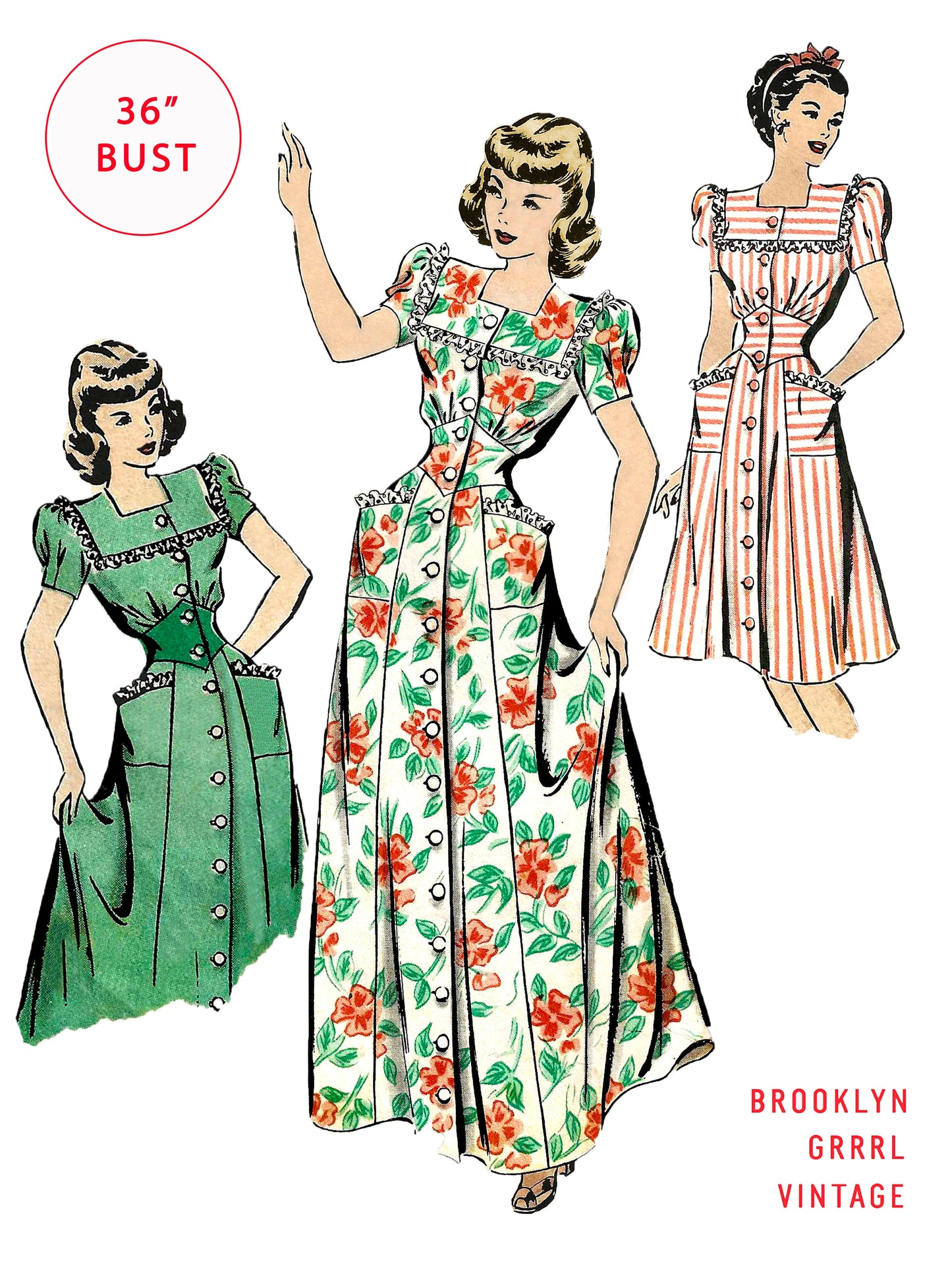 PDF Pattern 1940s Dress or Robe / Bust 36