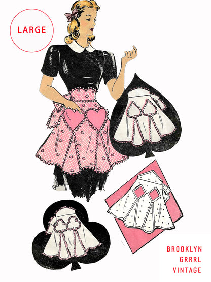 Illustration of a 1950s card party apron with pockets in the shape of card suits, available as a PDF sewing pattern. The image depicts the apron in pink with a white polka dot pattern and a model wearing the apron.