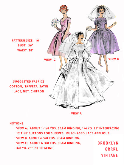 1950s 'Something Blue' Wedding and Bridesmaid Dress / Bust 36 / PAPER Pattern