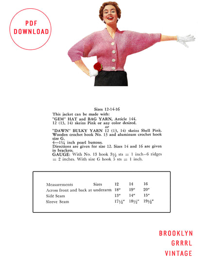 1950s Bat Wing Bulky Cardigan - Crochet PDF Pattern