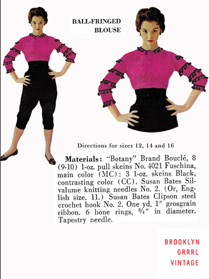 1950s Ball-Fringed Blouse - Knitting PDF Pattern